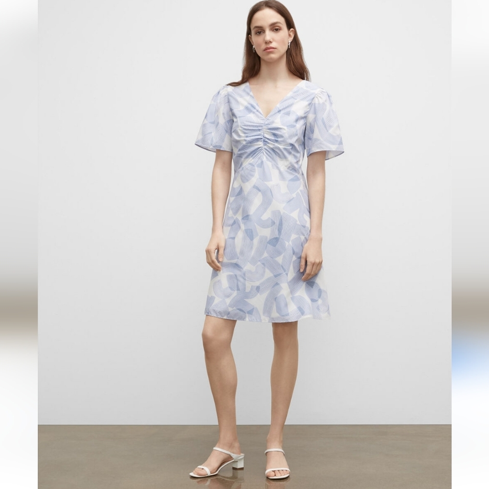 Club Monaco Printed Rouched Front Dress Size 8 Blue & White - Picture 1 of 13